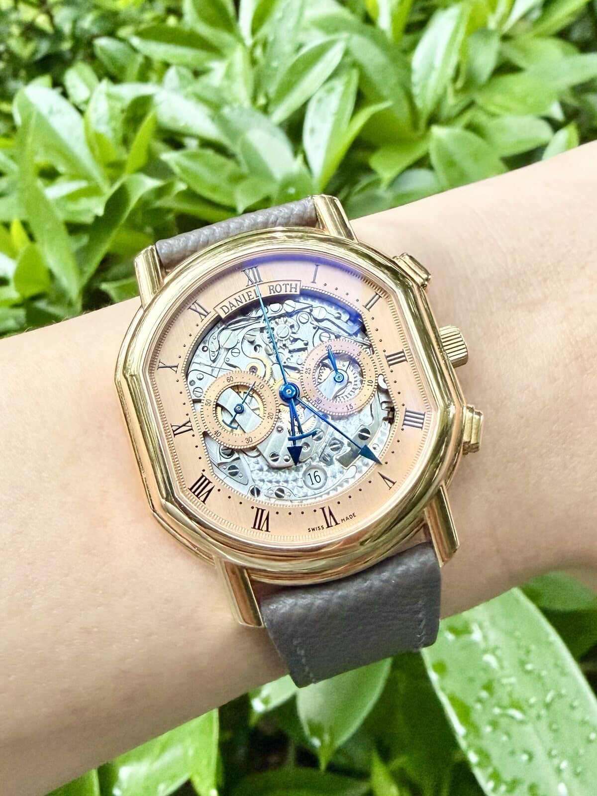 Daniel Roth 447 skeleton chronograph in yellow gold on the wrist, full frame