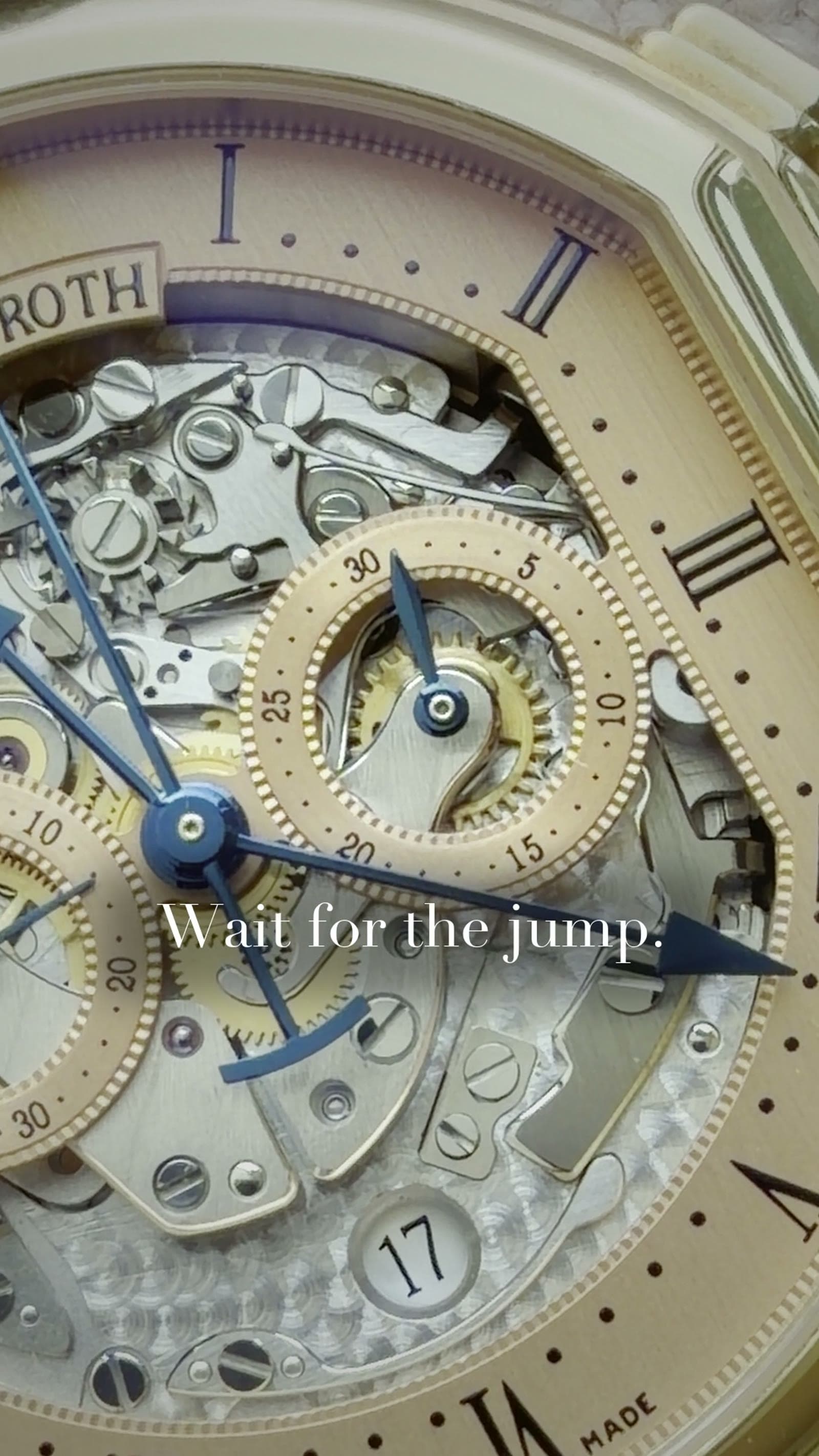 Close-up of the jumping 30-minute counter mechanism on the Daniel Roth 447 skeleton chronograph