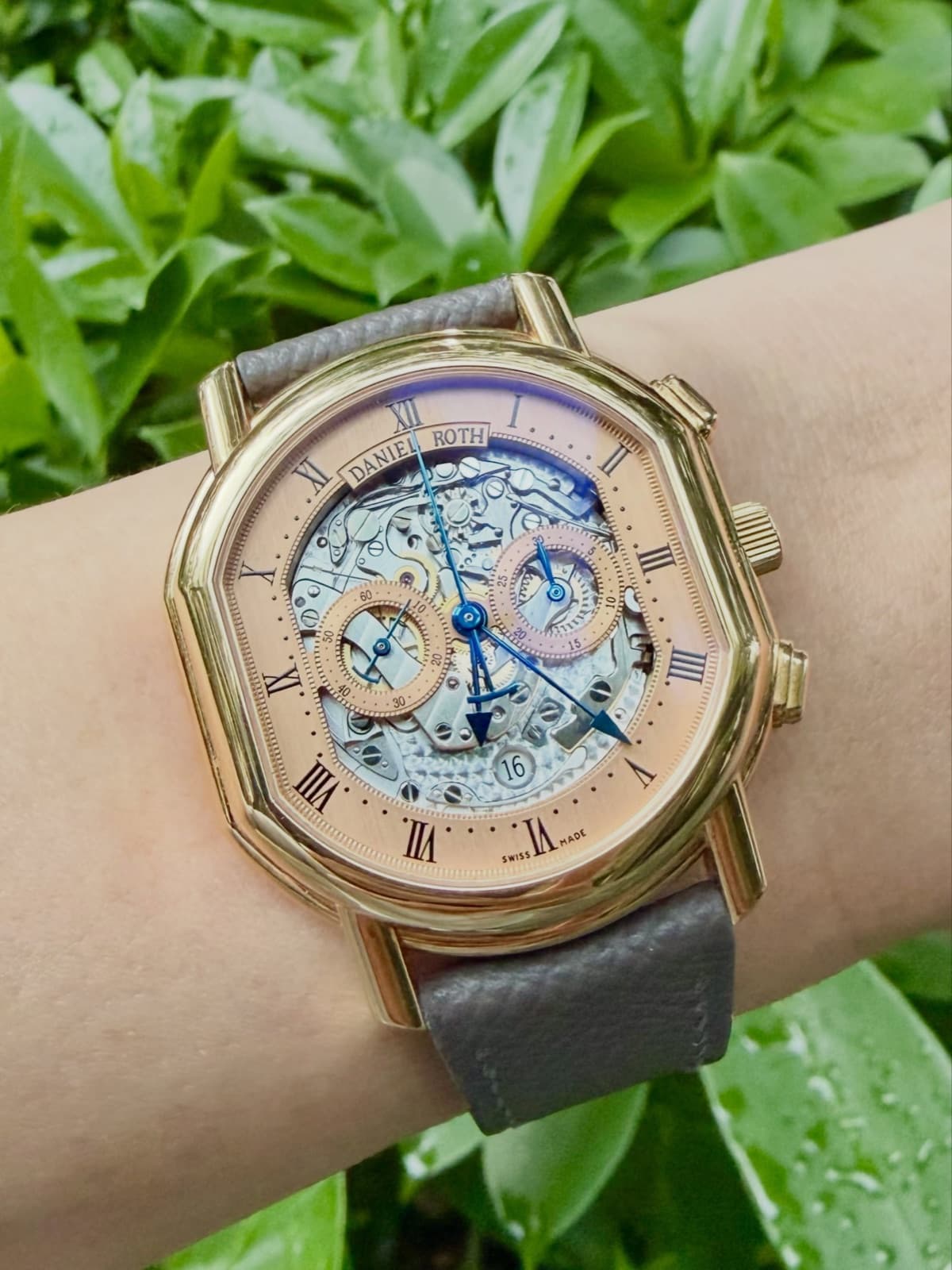 Daniel Roth 447 skeleton chronograph, double-ellipse yellow gold case seen at an angle