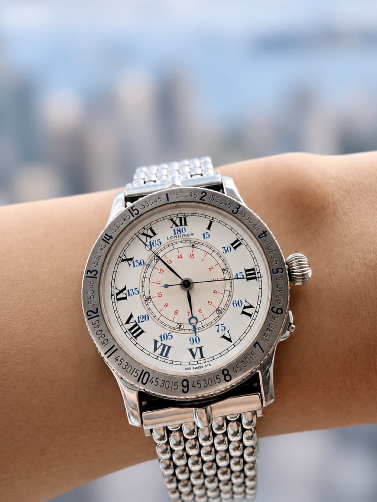 Longines Lindbergh Hour Angle on its original beads-of-rice steel bracelet