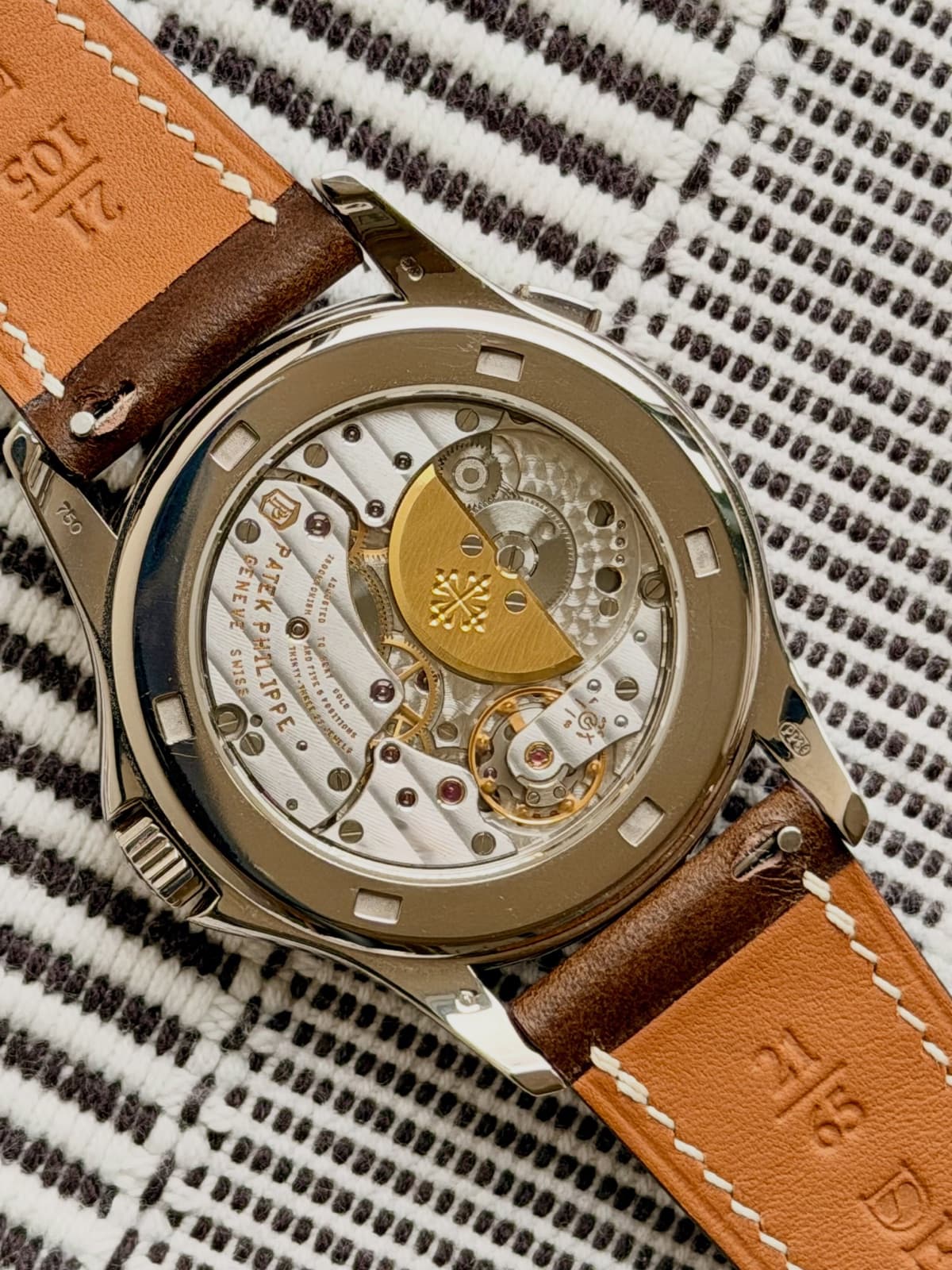 Patek Philippe 5130G caseback showing the calibre 240 HU with its gold micro-rotor