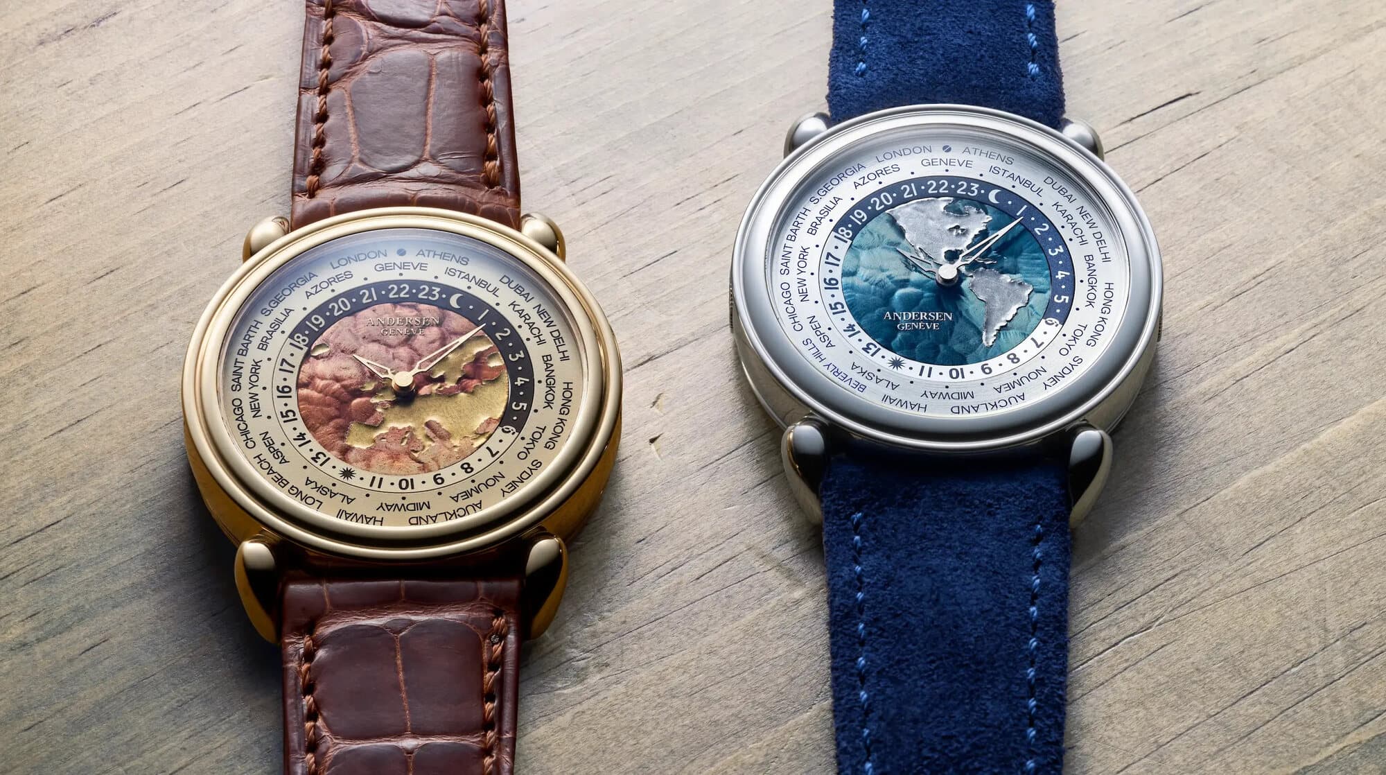 Two Andersen Genève world timers with hand-decorated dials